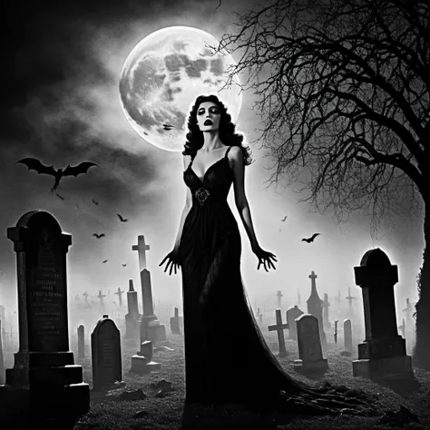 ((A dark, fog-covered cemetery at midnight:1.4)), with ((a massive glowing full moon in the sky:1.3)) casting eerie light over the scene. In the foreground, ((a glamorous undead woman in a torn, flowing dress:1.5)) stands motionless among the tombstones, h...