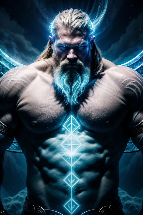 Neon fractal holographic astralism of a heavenly handsome Viking Warrior, strong man, chroma shifted icy blue to ghostly white, ethereal, mystical and intense