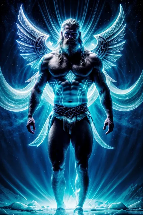 Neon fractal holographic astralism of a heavenly handsome Viking Warrior, strong man, chroma shifted icy blue to ghostly white, ethereal, mystical and intense