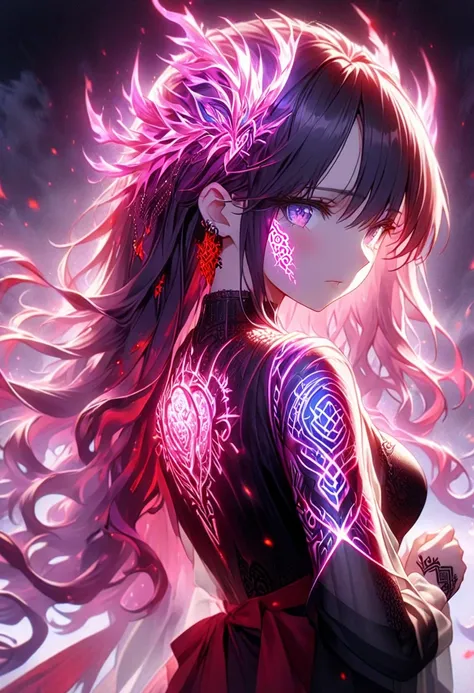 Anime-Screenshots、 Artistic anime illustration of a woman with glowing,  geometric dragon tattoos all over body and face 。Arm- und Beintattoos、 A mix of red , purple and fire 。、 sending neon lights 。 Shes been around for a long time ,  flowing hair。、、 This...