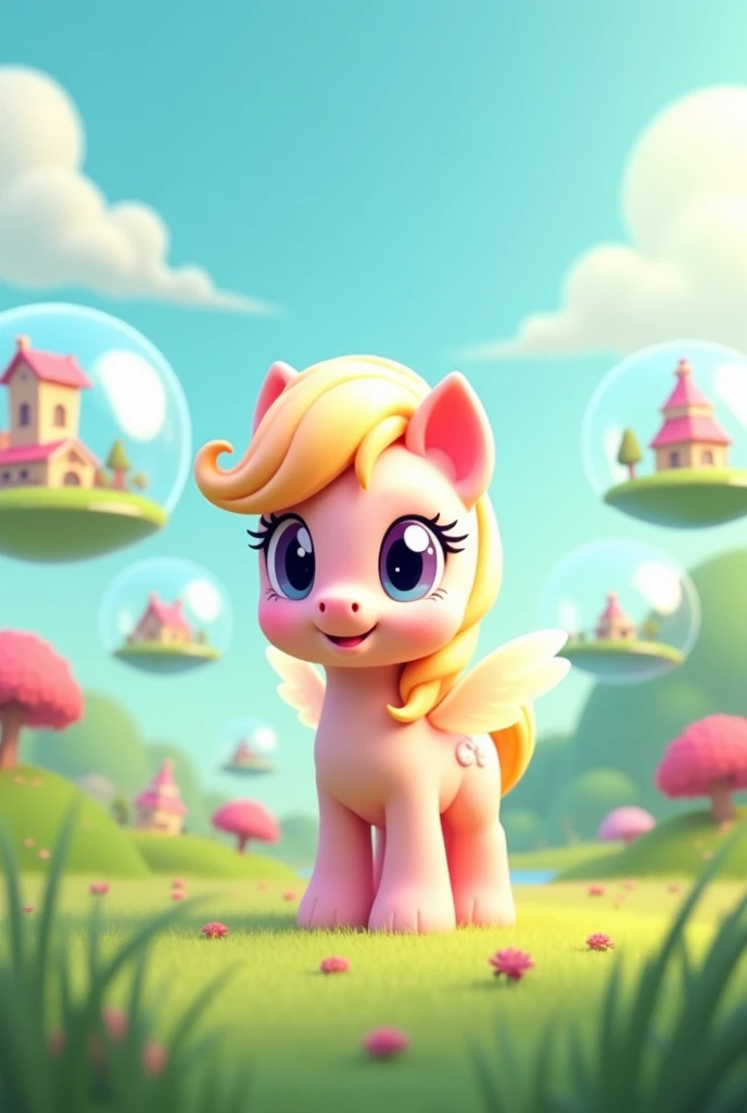 

 Scene description :

1. background environment:

Green grass with simple, flat graphics, 2000s that create a style of play.

Небо за спиной  pony  нежно-голубого цвета, with smooth transitions and without unnecessary details.



2. main character ( pony...