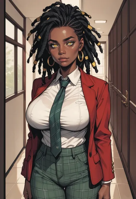 score_9, score_8_up, score_7_up, source_anime, 1woman, mature, human female, human, detailed face, jawline, collar, lustful eyes, smooth skin, dark skin, black skin, beautiful eyes, yellow eyes, black hair, huge breasts, dreads, dreadlocks hair, red blazer...