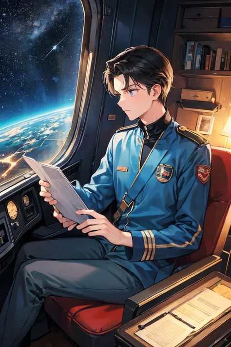 A dark-haired aviator man is looking at the starry sky from the cockpit window of a retro wooden airplane