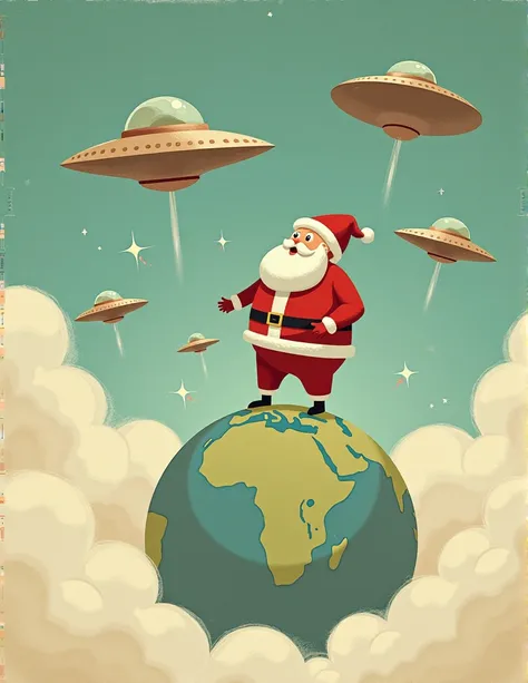  generates a vintage drawing style image from the 60s , In which Santa Claus is in the sky with a globe ,  and around it he places clouds and also some UFO ships from which flashes appear
