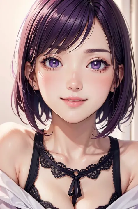 ( Best Quality , high definition ,8k,inelity detailed background, Masterpiece:1.2), pretty girl,Big Breasts, glossy purple hair,short hair,bob cut,Beautiful purple eyes,cuteパジャマ, Gentle look,A refreshing look,Best quality, Best Quality ,Aesthetic and aesth...