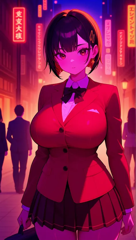 cute young woman, Big Breasts, Cute Punk Girl, short black hair, brown eyes, Empress, suit with pleated skirt, street lamps, neon, busy street background,(level:1.1,princess eyes), nobility, royalty , high quality, masterpiece, highly detailed