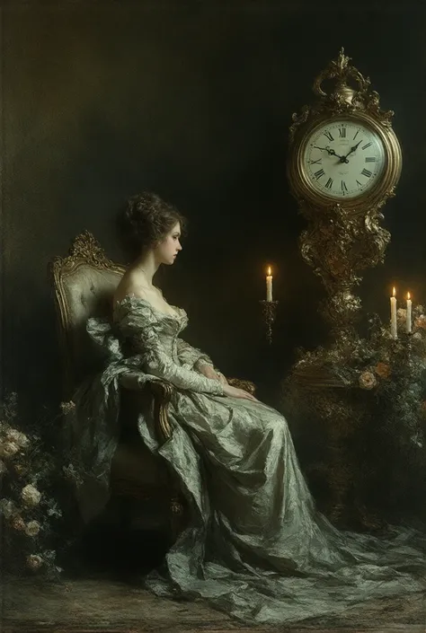 A Baroque painting depicting a woman seated in a luxurious chair, wearing an ornately detailed and draped gown, while gazing at an antique clock on a table beside her. The woman has a contemplative and melancholic expression, reflecting the passage of time...