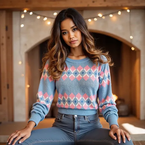 putric1nt4flx, gorgeous woman, Pink, blue and white style of sweater. Pattern with blue is the primary color with pink and white as others, coated jeans, cinematic light, Posing in her cosy living room with a raring fireplace in the background, romantic li...