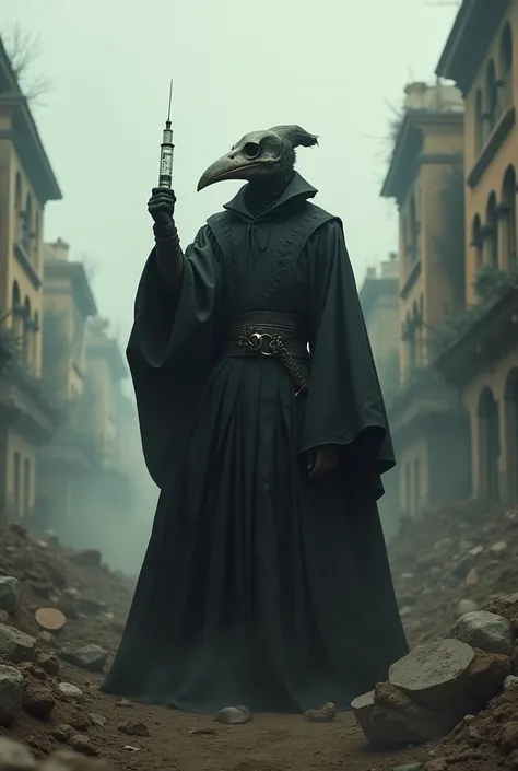 Plague doctor with bird skull mask in a war zone holding up a injection looking at it.