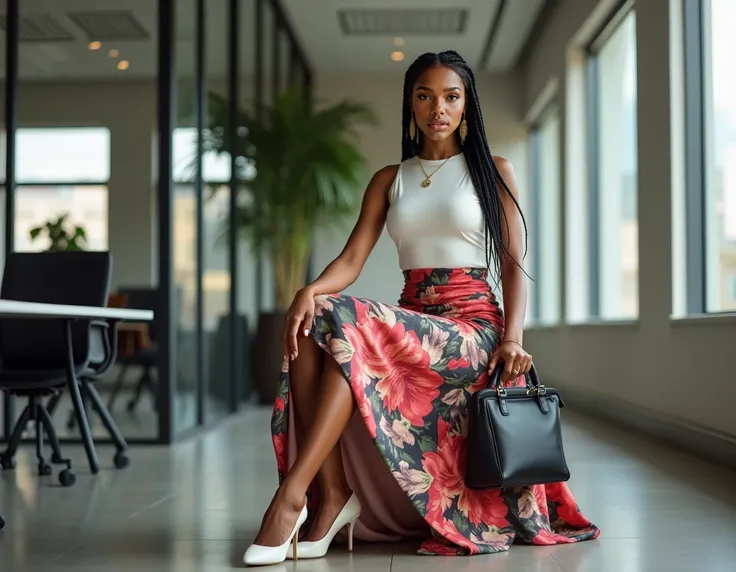 black woman hair french braid gold earrings peach color metallic lipstick on  white top and silky tight flower skirt and white high heels carrying a black leather purse in a office doing work hyper realistic 8k