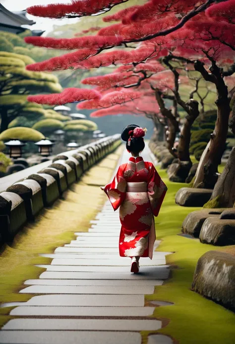 woman in a kimono walking down a path in a park, japanese kimono, kimono,  traditional geisha clothes  , classic kimono, red kimono with flower patterns, Yukata attire, wearing royal kimono, in kimono, wearing kimono, intricate geisha kimono, wearing a kim...