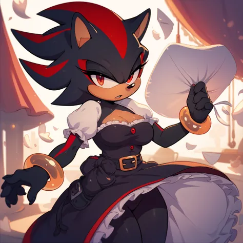 nfsw, Female shadow the hedgehog, with a black body and medium sized breasts, Dressed in a white tube dress, black waist belt, housewife
