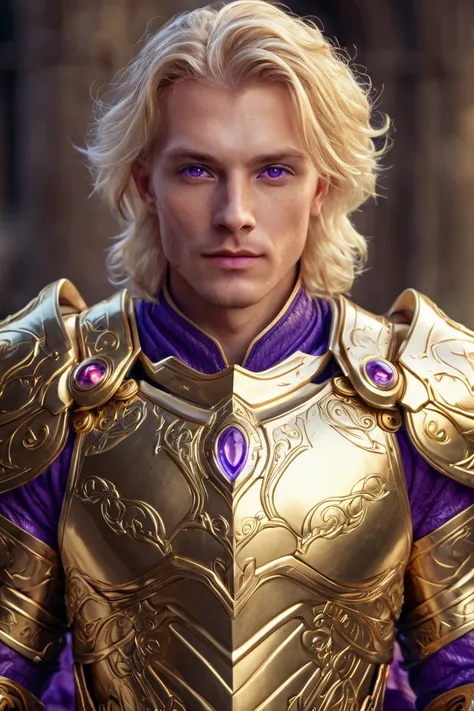 A blonde man, with purple eyes, healer, RPG, with beautiful and detailed gold armor, detailed image, looking to the camera, UHD, 16k, professional image, better image, realistic image