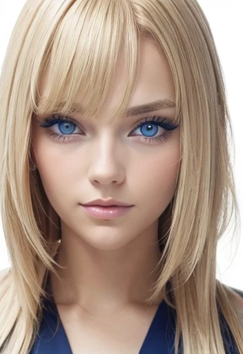 beautiful blonde hair girl, blue eyes and makeup ,  pretty face looking at the spectator, fringe over left eye ,  ,full 