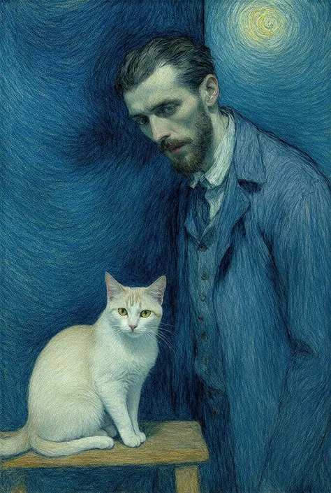 A painting in the style of Vincent van Gogh, depicting a man with an intense, contemplative expression, looking at a cat sitting on a table in front of him. The man is depicted with bold, emotional brushstrokes, using a vibrant palette of deep blues and wa...