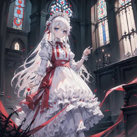 ((masterpiece:1.4)), (best quality), red moon through the window,church,(((1girl))),(((solo))) long_hair,straight hair, white hair,bangs, bat hair ornament, expressionless, blue eyes, small breasts, Maid dress,white thighhighs, mary_janes, maid headdress,