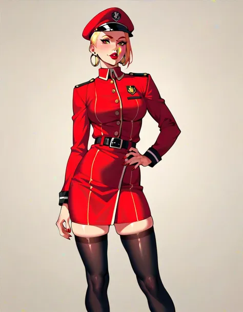 Sexy military woman taking off her scarlet uniform