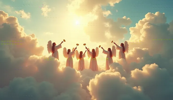 Seven angels playing trumpets in the sky among the divine clouds