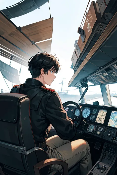 Rear view of a black-haired pilot man looking out of the cockpit window of an old wooden airship, but he is in trouble because of heavy fog and poor visibility