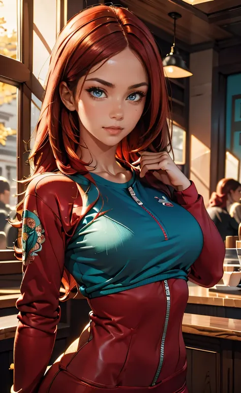 (best quality, masterpiece, highest detailed), trending on artstation, portrait , cute girl, most beautiful in the world, intense red hair, wearing teal tracksuit (high resolution textures) yoga pants, medium breasts, bokeh, (intricate details, hyperdetail...