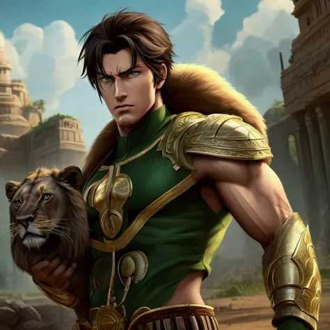 Hero man with green eyes. muscular.  In a wild setting with a lion. standing. With a scratched arm bleeding.