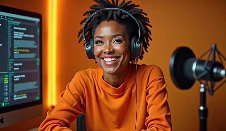 A vibrant and lively portrait of a woman with a radiant smile. She is sitting at a desk, microphone in front of her. She has short, curly hair styled elegantly and a warm, light chocolate complexion. The background is a dark-orange with data blurred as bac...