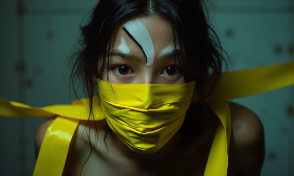 yellow tape gagged , tape blind fold