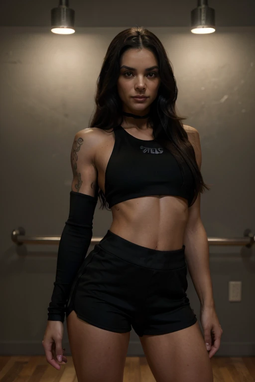 A stunning woman with athletic skin, long dark hair, and a toned body in tight black shorts and a cropped sports bra. She strikes a confident pose, giving a sultry smile and intense, inviting gaze. The dramatic lighting highlights her curves and strength