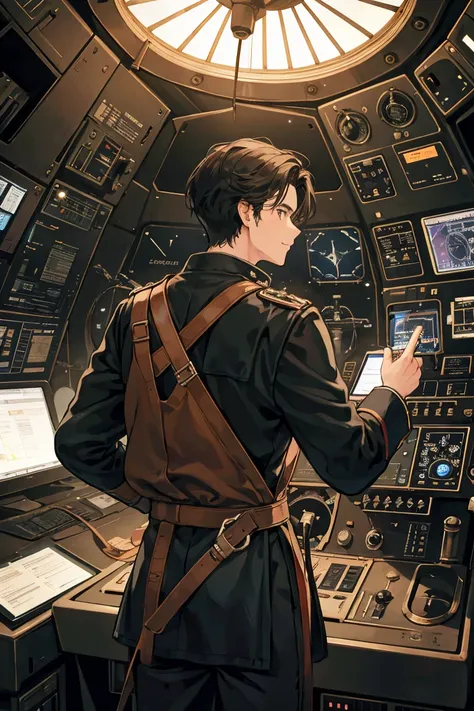 Rear view of a dark-haired aviator man looking at an analog instrument in the cockpit of an old mage airship