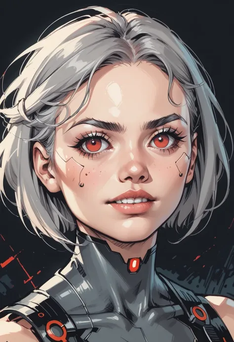 1girl, solo, red eyes, looking at viewer,  science fiction, portrait, teeth, cyberpunk, short hair, mechanical parts, cyborg, android, cable, grey hair, makeup, zPDXL3, detailxl,  Score_PnyReal,, s1_dram 