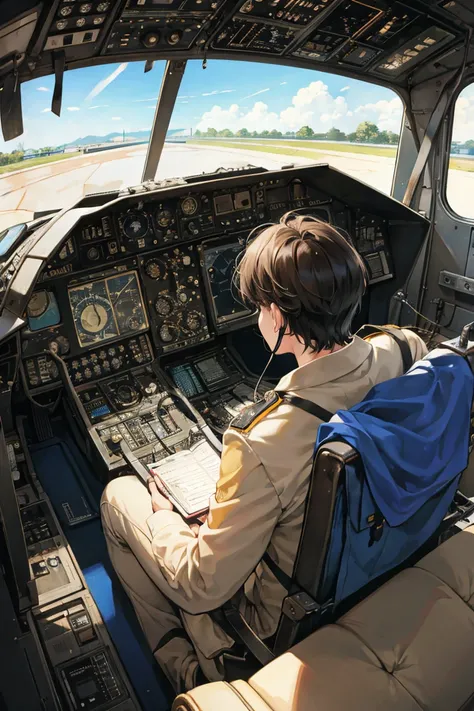 Rear view of a dark-haired aviator man looking at an analog instrument in the cockpit of an old generation airplane