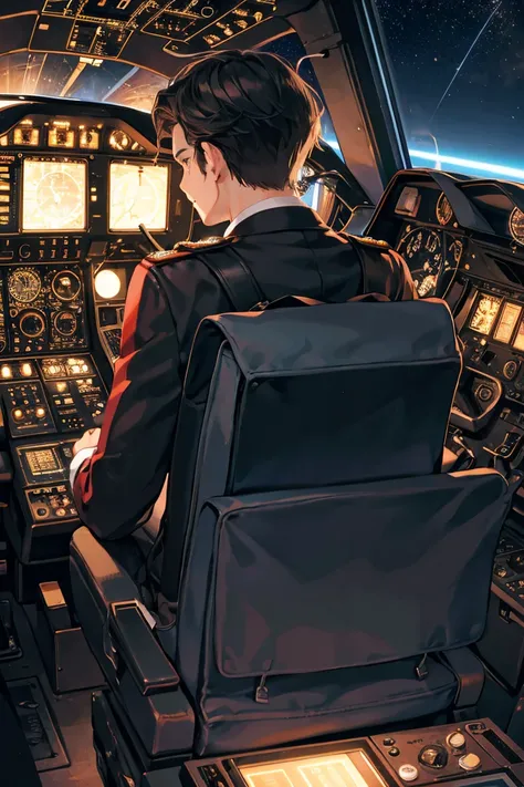 Rear view of a dark-haired aviator man looking at an analog instrument in the cockpit of an old generation airplane during a night flight