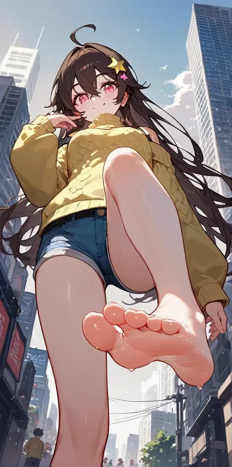   in the city  ，Outdoor，A girl shows the soles of her feet ，whole body，Smile， low angle，cloesd mouth,One-leg stand，Female Giant， is surrounded by many buildings ，denim shorts， with bangs between eyes， yellow off-shoulder sweater ，The sweater has black stra...