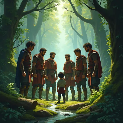 Seven brothers are insulted in a forest, the youngest of whom is short, illustrations 