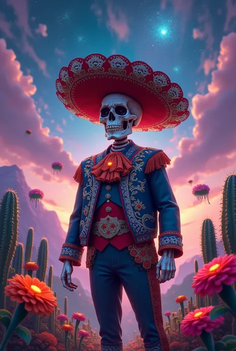 A Mexican skull, dressed in a vibrant, traditional charro outfit with intricate embroidery and silver accents, stands in a surreal, dreamlike landscape. The scene features floating islands adorned with colorful flowers, glowing cacti, and softly glowing ma...