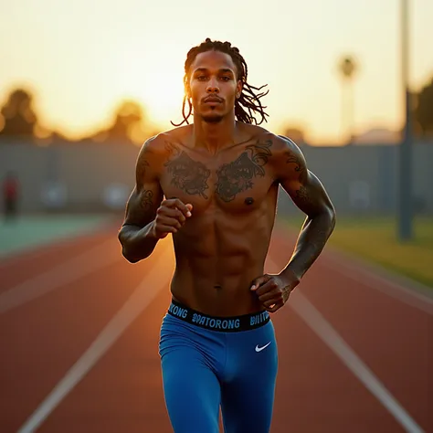 medium shot with a Leica M10, an african american male, a very tall 67" 20 year old light brown skin african american male with rapper inspired tattoos and medium length black cornrow braids. sprinting on a nike sponsored running track in los angeles durin...