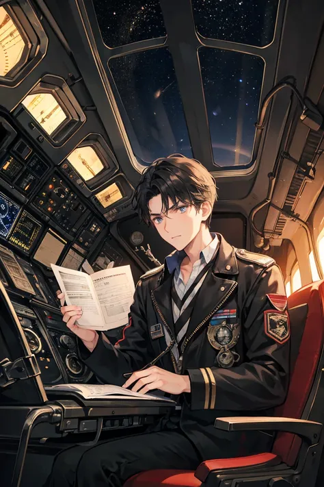 A dark-haired aviator man is staring at an analog instrument in the cockpit of an old generation airplane while unfolding documents at night