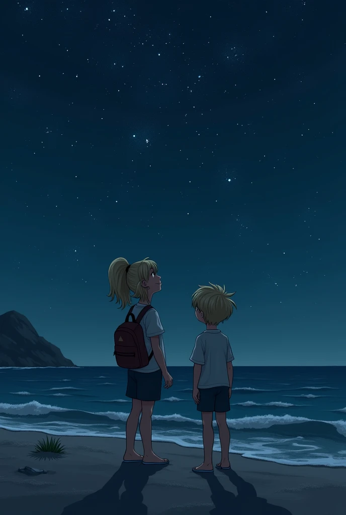  Blonde girl and boy with short black hair are on the beach at night looking at the stars.  There are a lot of stars
They dont have backpacks .