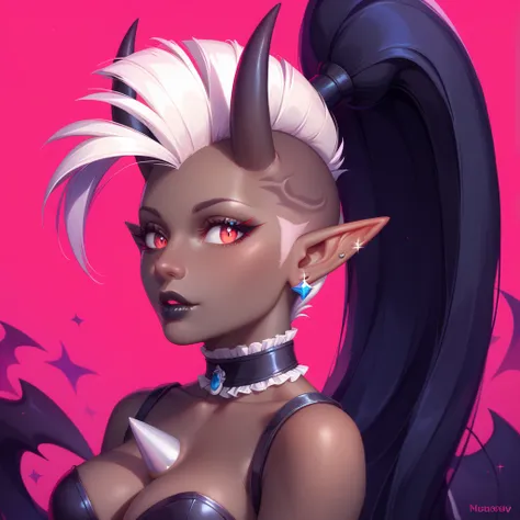 score_9, score_8_up, score_7_up, ((Masterpiece)), ((highres)), ((1girl, solo)), Random poses, beautifully detailed succubus girl, ((white mohawk w/long ponytail)), (((defined elf ears with ear guages))), defined eyes, pastel iris, long eye lashes, defined ...