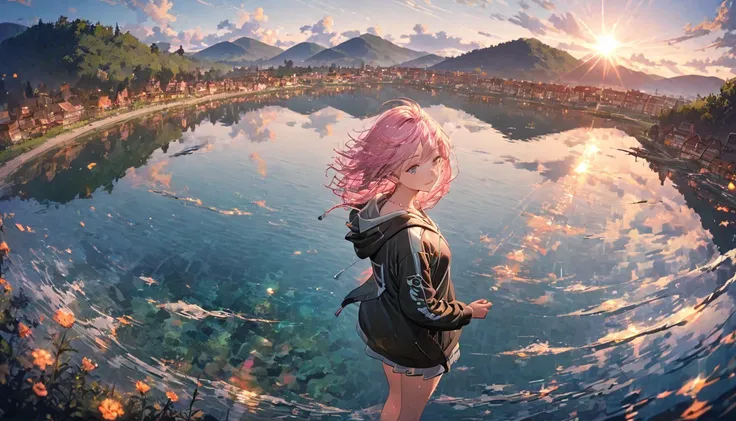 8k,17-year-old female， extremely delicate and beautiful , beautiful and realistic skin ,  long, shiny pink hair, symmetrical ,The feeling of looking around freely while looking at a clear lake with a close view of the town,Hoodie, Full body view, Feeling o...