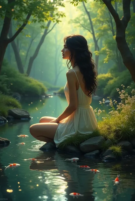 A woman with wavy black hair sitting in a forest with lots of fireflies and a stream of crystal clear waters with white fish and gold