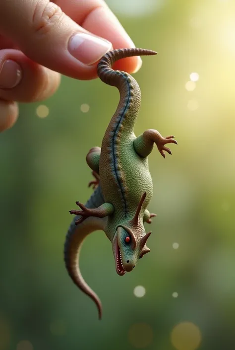 A hyper-realistic digital rendering of an impossibly tiny dinosaur hanging upside down by its tail from a human fingertip. The dinosaur, no larger than a thumb, showcases intricate details: textured green and brown scales, sharp yet delicate claws gripping...