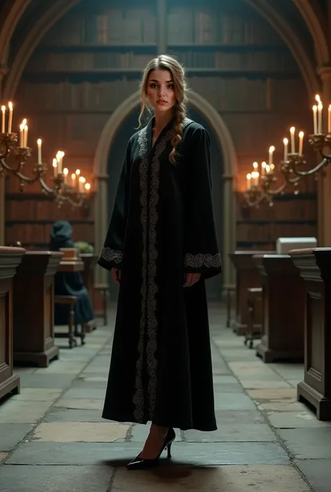 A female professor standing in a dimly lit, grand classroom at Durmstrang Institute. She is on high heels, her posture straight and commanding. She wears a dark, tailored robe with silver embroidery along the edges, signifying her authority within the scho...