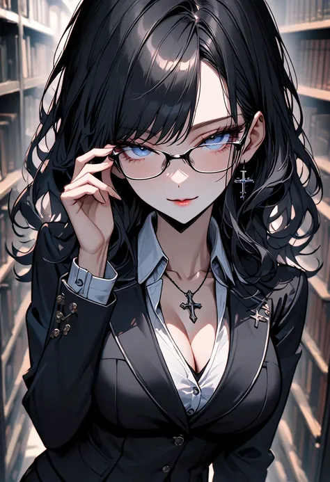 solo, woman, close up, long black hair, blue eyes, huge breasts, neat suit, open collar, library, thin-rimmed glasses, elegant, half closed eyes, upper body shot, tiny waist, pantyhose, short pencil skirt, notepad:1.5, adjusting glasses, low-tied hair, wav...