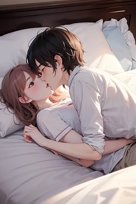 Couple of men and women kissing in bed、Couple kissing in bed 