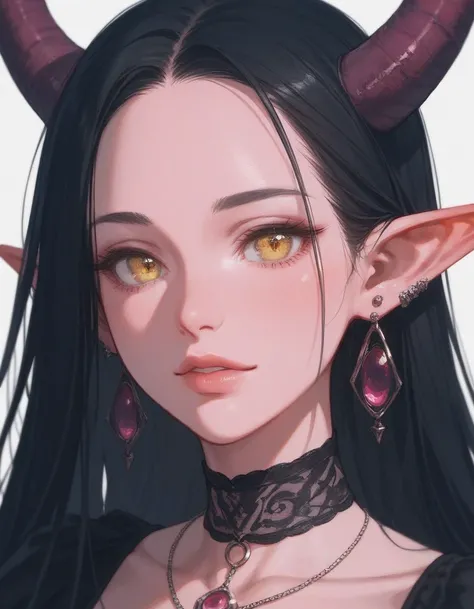 (close up),  score_9, score_8_up, score_7_up,black hair, pink skin, demon, yellow, eyes, elf ears, demon horns, earrings, gothic dress, choker, forehead, milf,  90s anime style, 
