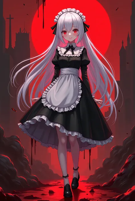 /imagine prompt: anime character, young girl, long white hair, red eyes, fair skin, black and white maid outfit, black shoes, 1.68m tall, smiling, very cute face, background of a bloody scene with a red sky --v 5 --ar 16:9 --q 2 --hd