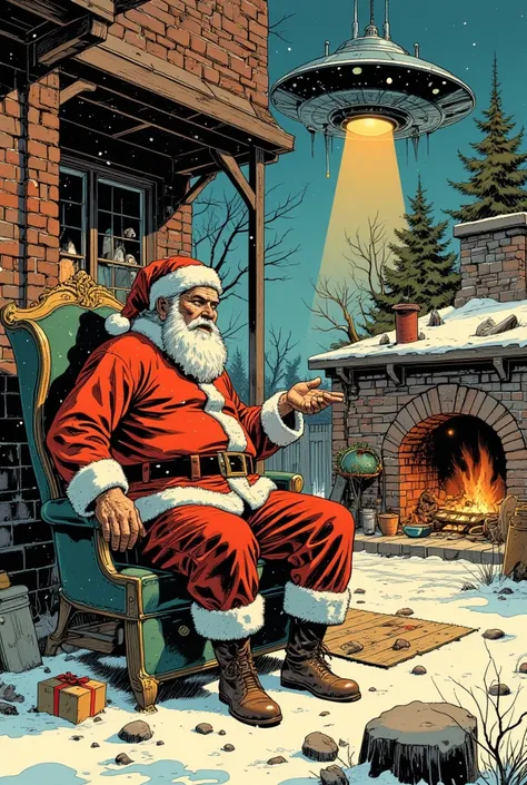  draw in the Jack Kirby style with a very vintage style , Play Santa Claus being abducted by a UFO ,  place brick house in the background with a fireplace with snow,  also place a phrase that says "Horror Christmas " 
