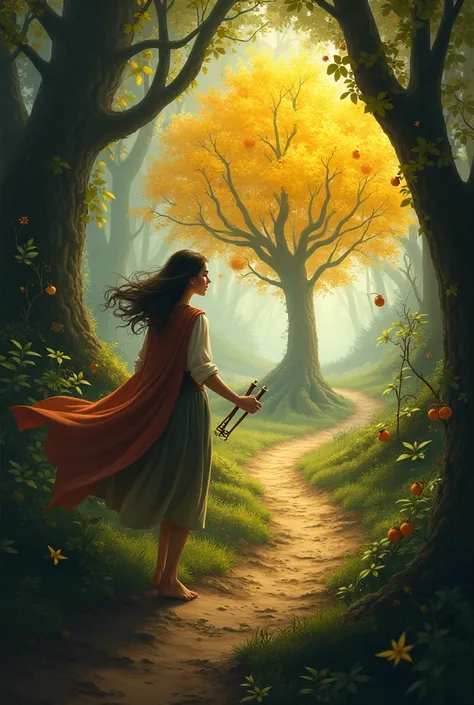 The bramble path :  Lucia crossing a brambled path ,  with the compass in her hand ,  as she approaches a clearing with a golden fruit tree. 