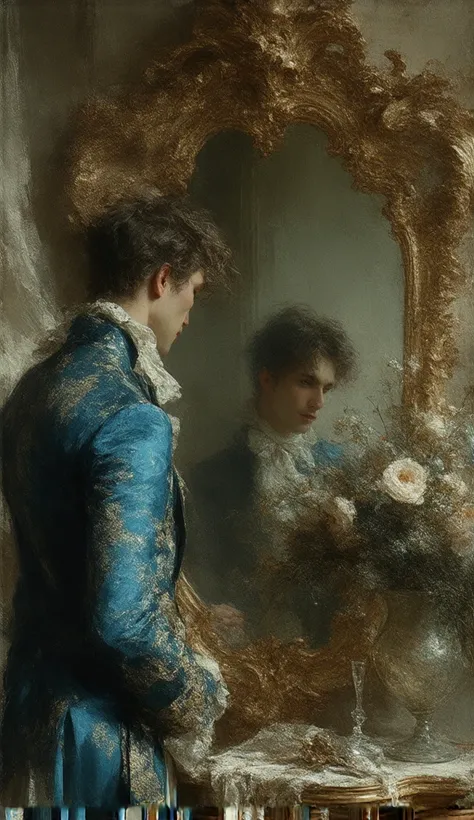 A Rococo painting depicting a man in his 40s staring into an ornate mirror, his expression both contemplative and intriguing. The man is depicted with emotive features, dressed in elegant clothing typical of the period, in soft shades of blue and gold that...